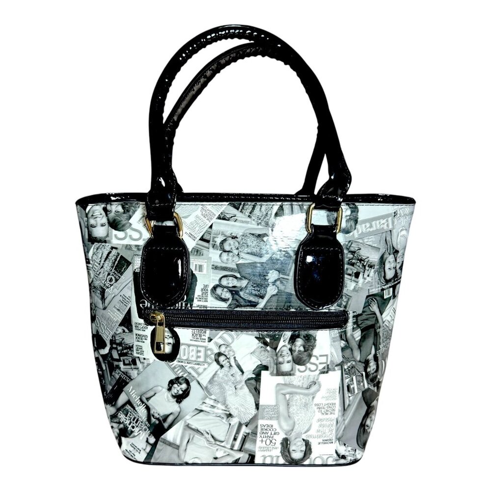 Michelle Obama Magazine Collage Handbag‎ Purse Black Patent Handles Gold Accents
